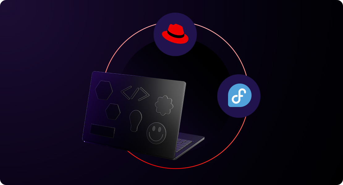 A laptop with stickers, circled by the logos for Red Hat and Fedora.
