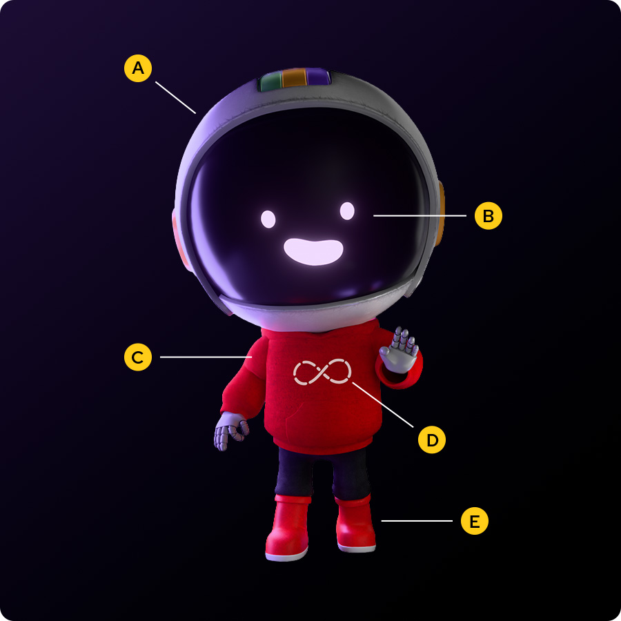 Repo is a small, robot-like character rendered in 3D. Repo’s entire head is made up of a white astronaut helmet, with simple eyes and mouth formed from a light purple glowing interface in the center of the helmet glass. Repo wears a Red Hat red hoodie, dark purple pants, and red boots with white soles. Repo’s hands are shaped like human hands but made from metal like a robot.