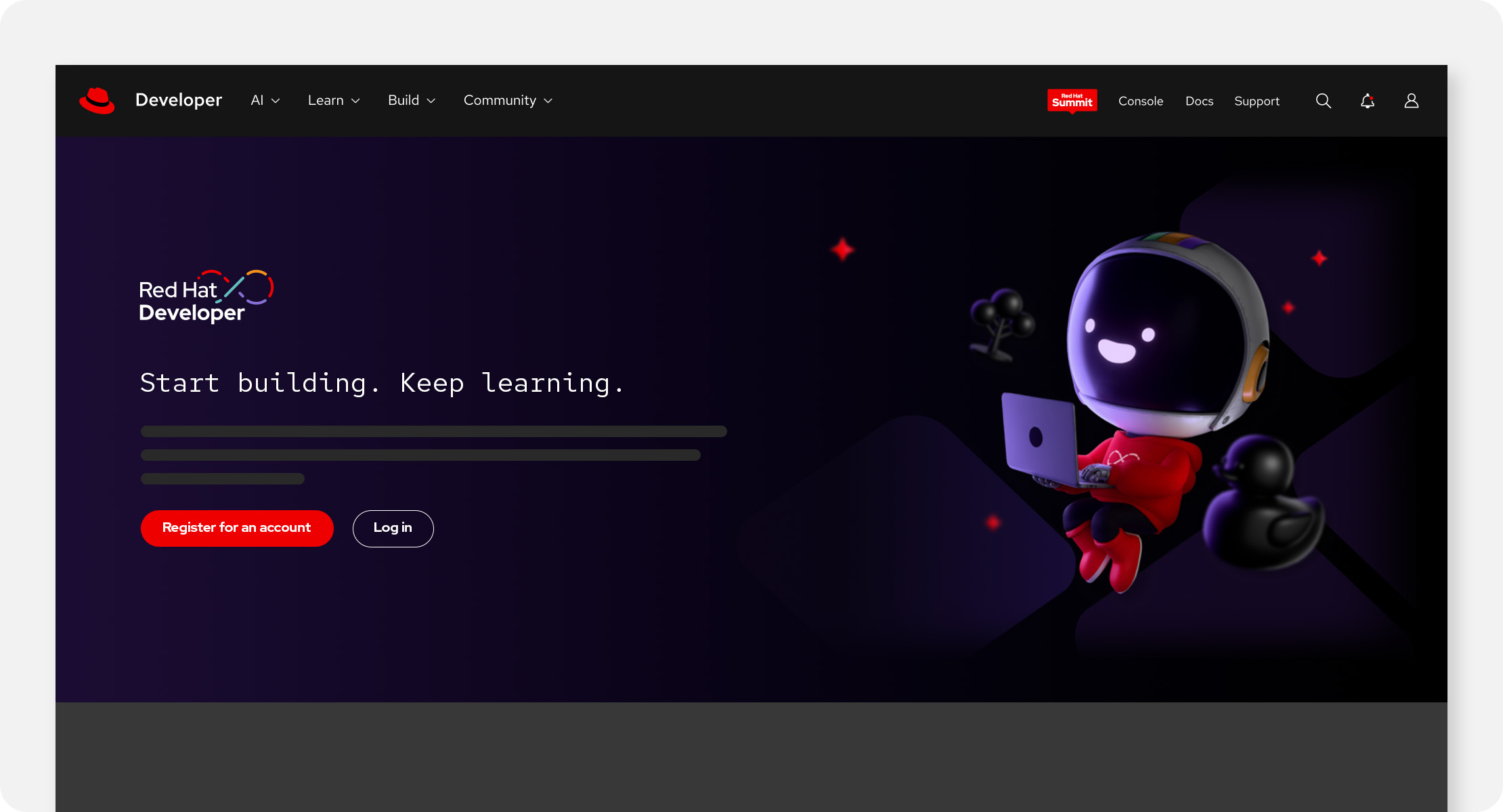 The Red Hat Developer homepage featuring Repo floating in the hero graphic.