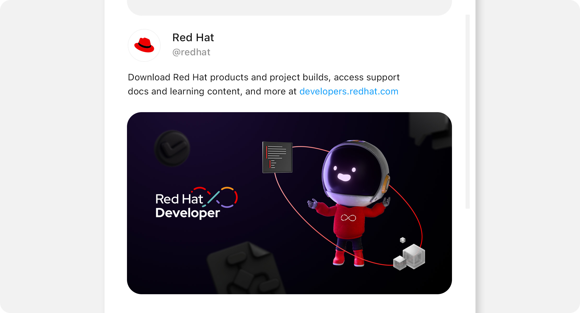 A social media post advertising the Red Hat Developer program shows Repo with an app window and a container floating around them.