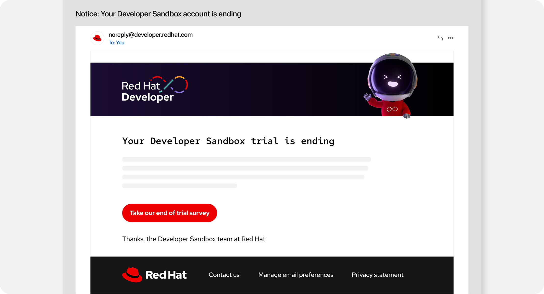 A Red Hat Developer Sandbox trial ending notification email, featuring a small Repo waving in the header image.
