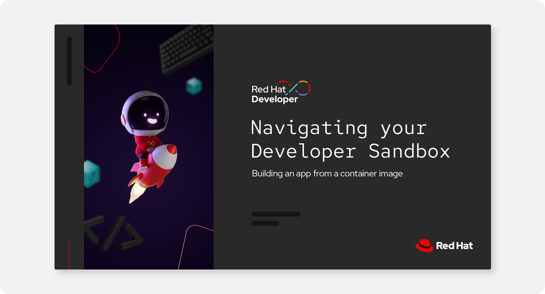 A Red Hat Developer presentation cover slide featuring a sidebar image with Repo floating on a rocketship.