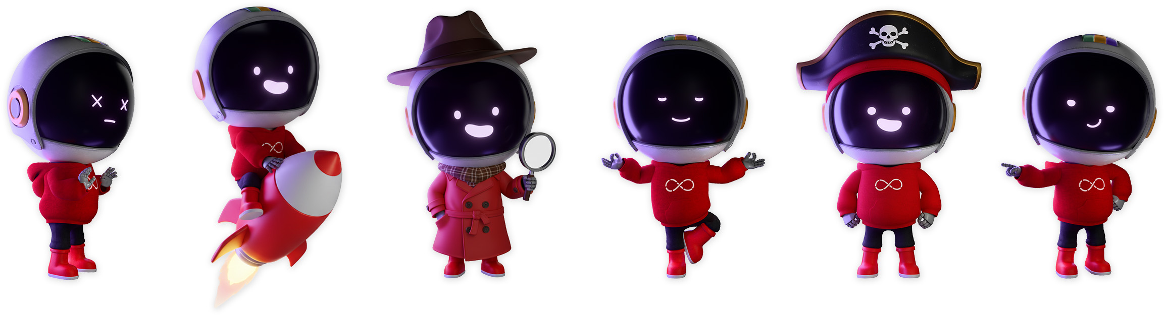 Six images of Repo in different poses and outfits: with his hands up, riding a rocketship, dressed as a famous detective, doing a yoga pose, dressed as a pirate, and pointing to his left.