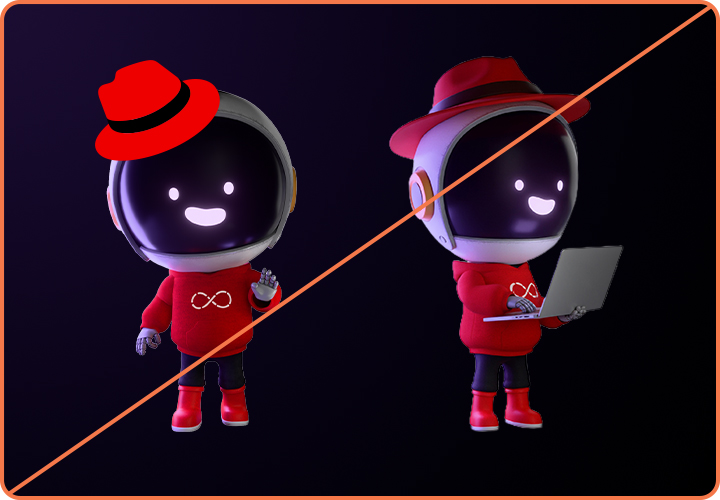 Example showing misuse: Repo with the Red Hat logo on his head and Repo with an AI-generated, 3D red fedora on his head.