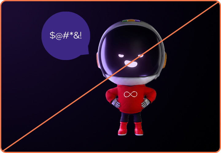 Example of misuse: Repo with his hands on his hips and mischevious look. A text bubble above his head has symbols representing an inappropriate word.