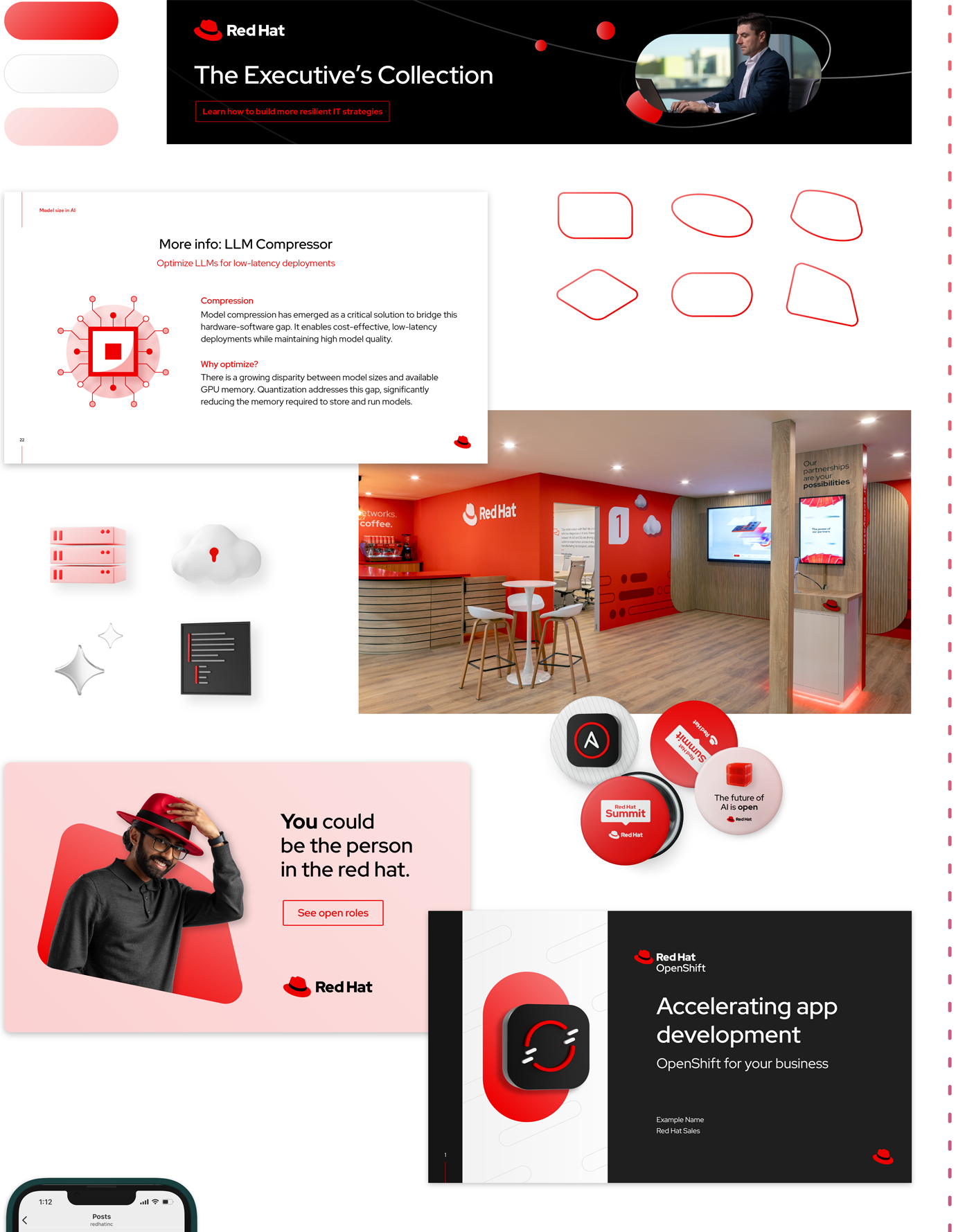 A spectrum of designs using the essential parts of the Red Hat design language and introducing expressive elements, like base shapes and 3D objects.