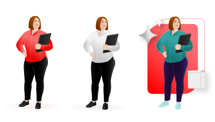 People illustration of a woman showing different color options for her clothing.