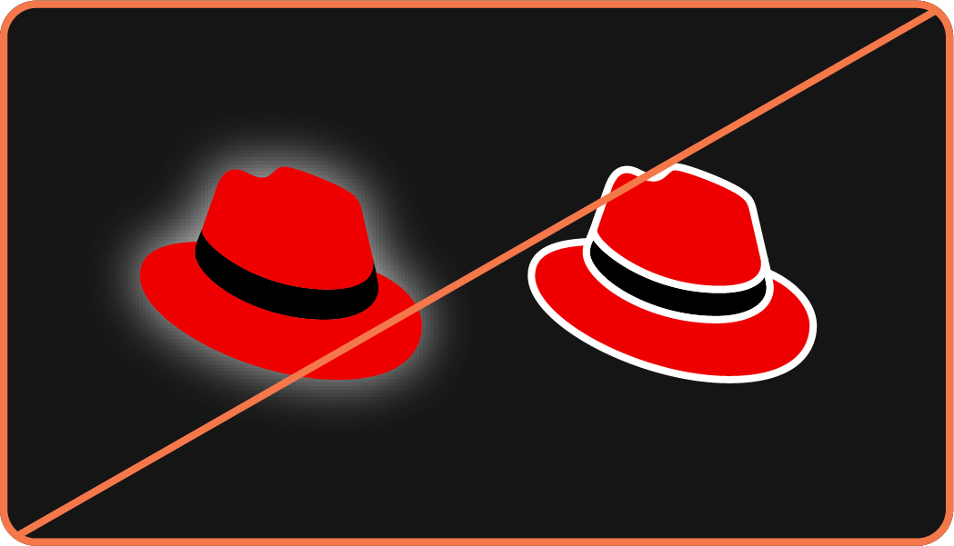 Image showing misuse: 2 versions of the hat—one with an outer glow effect and one with a white stroke around the elements.