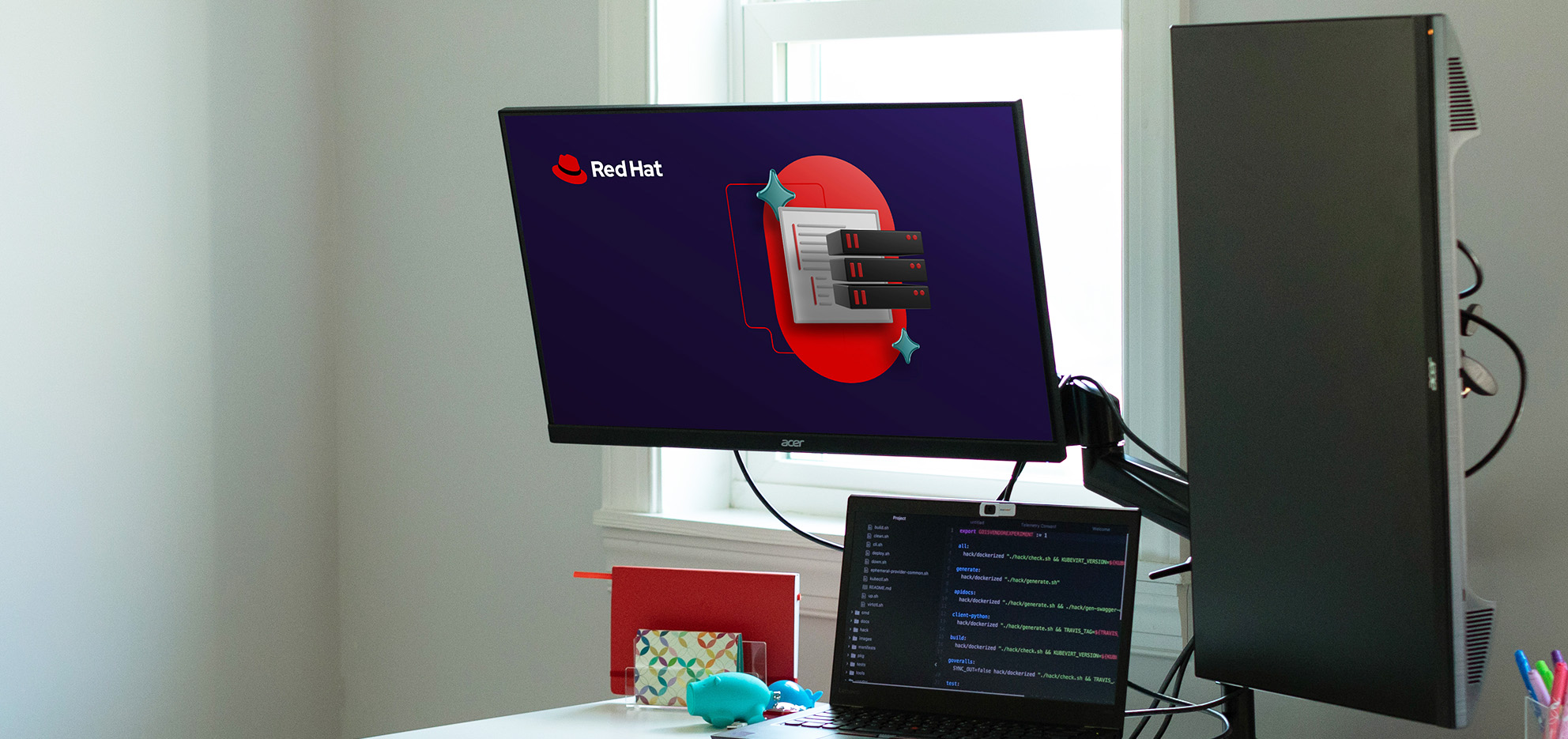 A photo shows a desk with multiple monitors. One of the monitors has a Red Hat wallpaper.