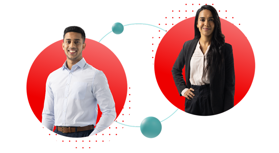 Two professionals in red circles connected by a teal line, representing collaboration