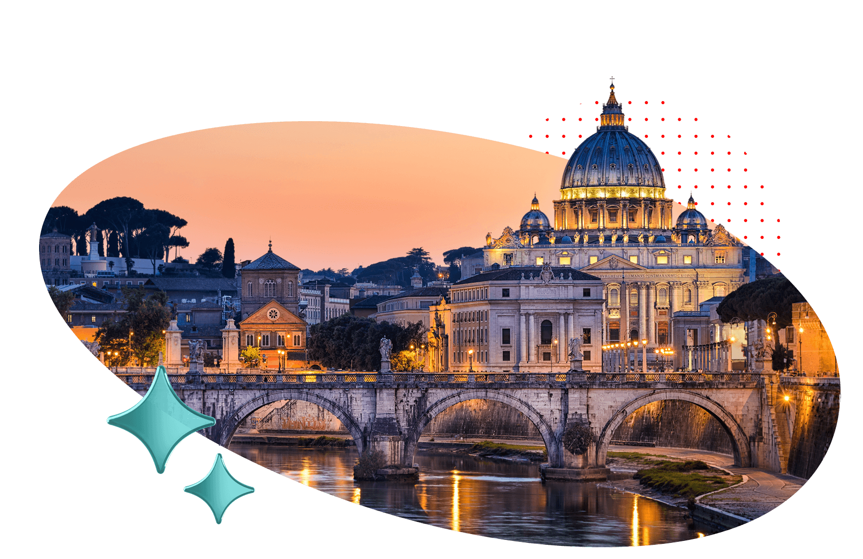 Rome, illuminated against a sunset sky