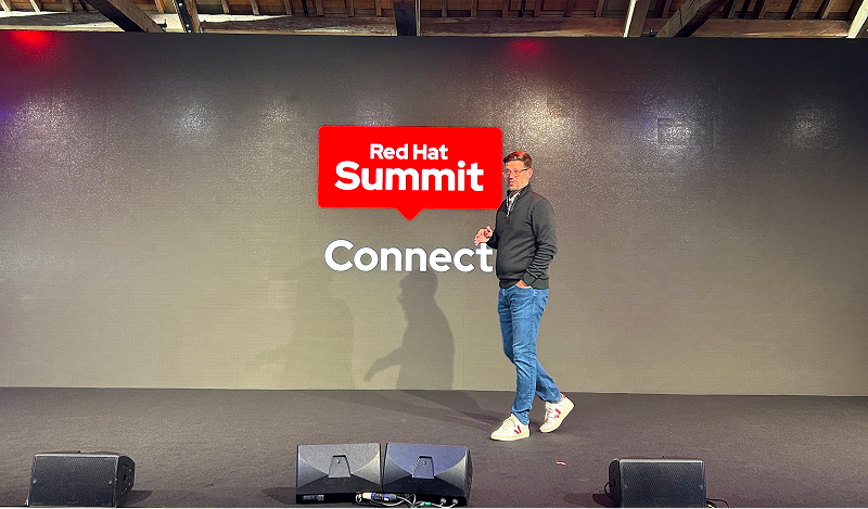 James Labocki delivering a keynote at Red Hat Summit: Connect London 2026 