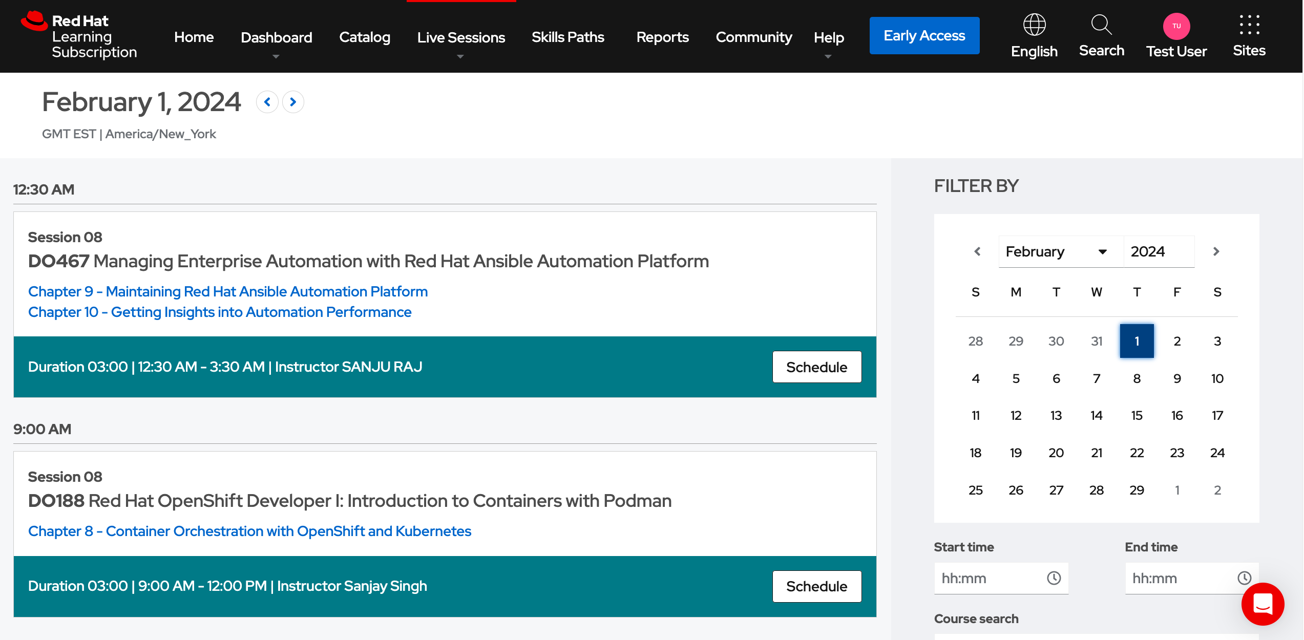 Image of calendar and catalog in Red Hat Learning Subscription Premium