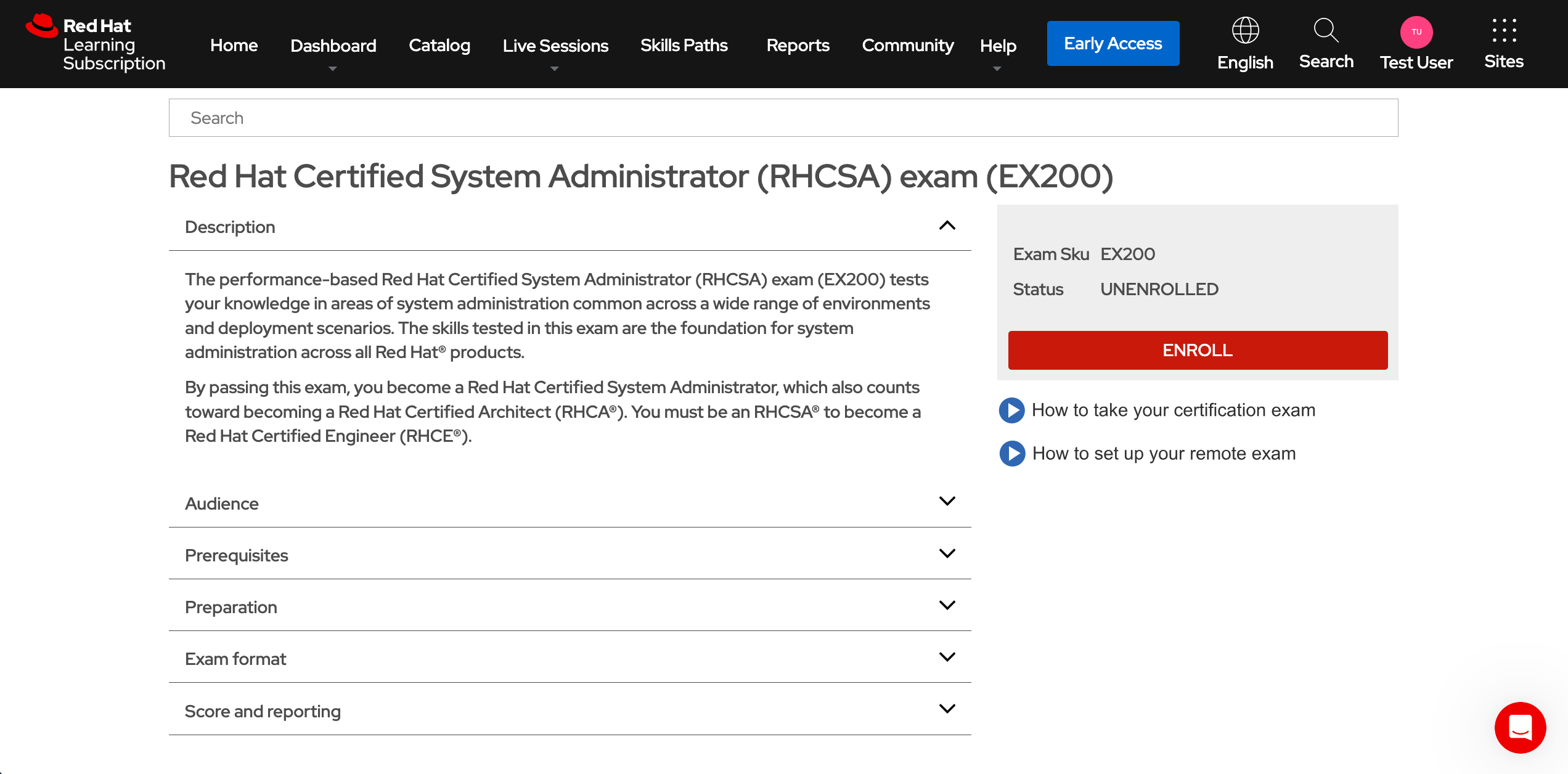 Image of Red Hat Certification exam page
