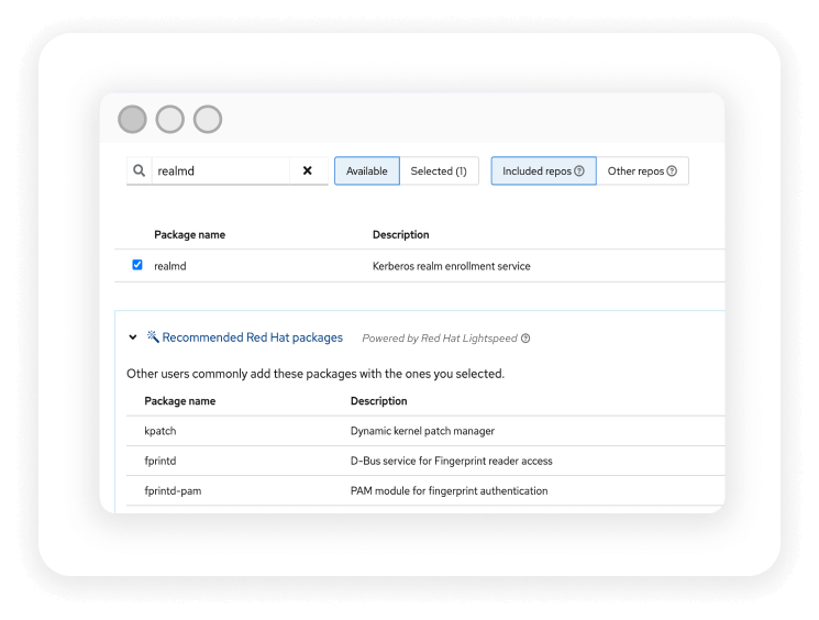 Visualização da janela do Red Hat Lightspeed mostrando os pacotes recomendados da Red Hat