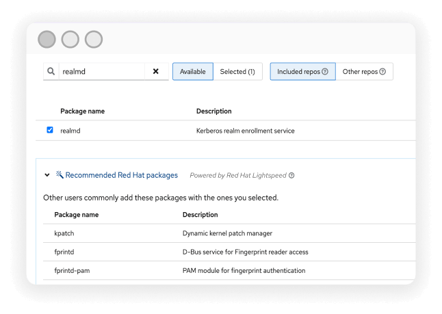 Visualização da janela do Red Hat Lightspeed mostrando os pacotes recomendados da Red Hat