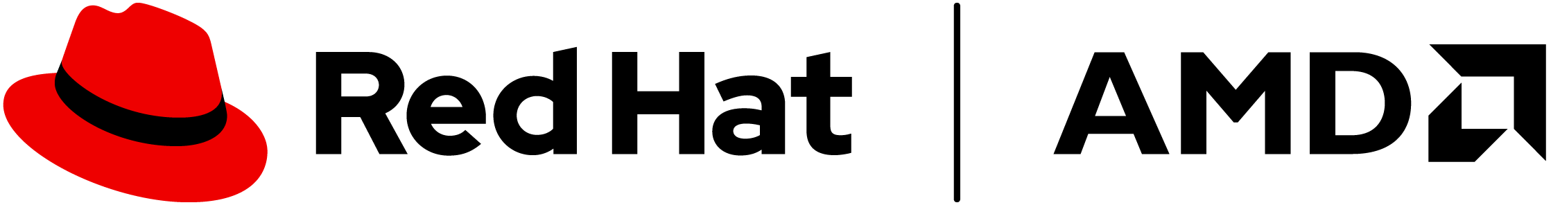 Red Hat corporate logo, a red fedora with partnership AMD logo