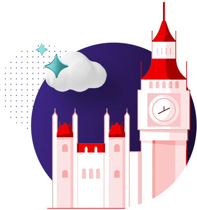 Red illustration of a Big Ben on a purple gradient background with a cloud and teal sparkles