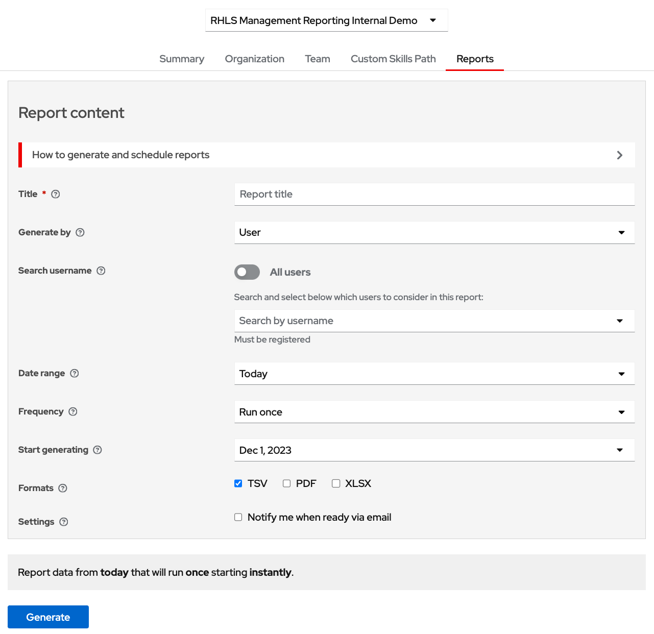Enterprise administrators and managers have the ability to create custom reporting jobs that produce progress reports for their organization based on their needs.