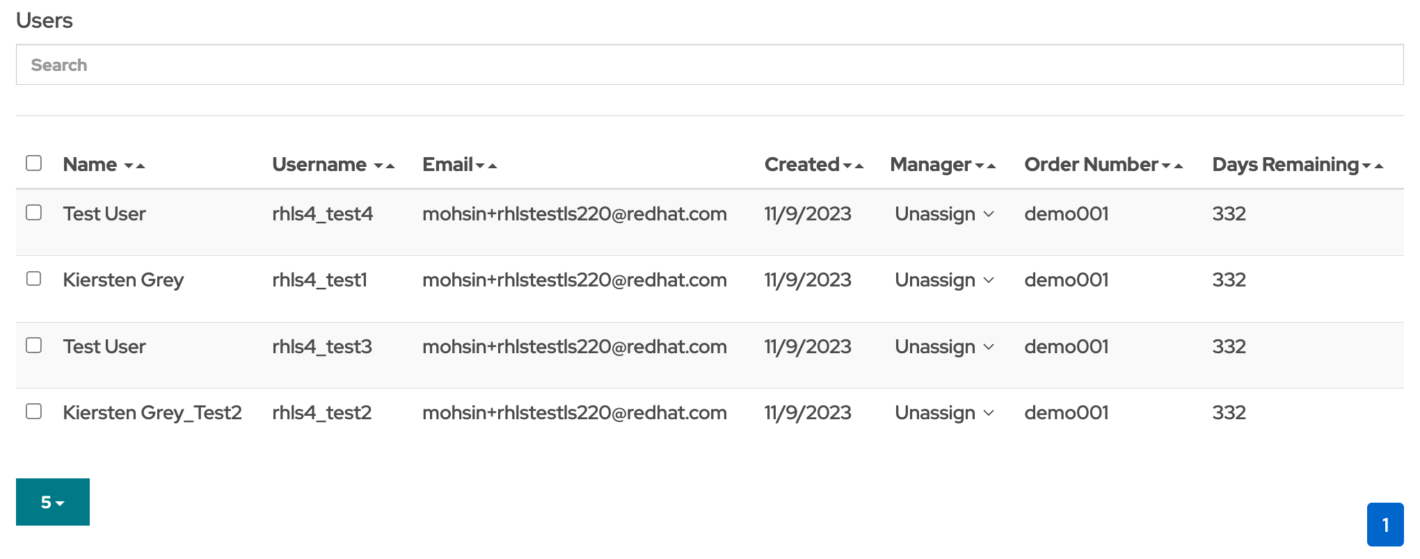 The enterprise administrator has visibility into all learning subscription users assigned to their order(s), displayed in the Users list at the bottom.