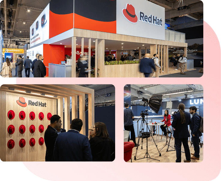 Photo collage of a busy Red Hat conference booth, a display of red fedoras, and an on-camera interview