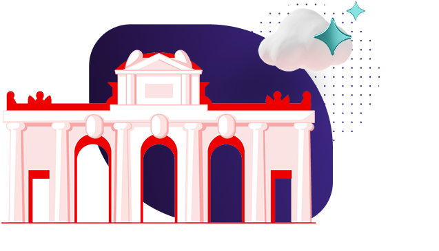 Puerta de Alcalá in Madrid illustration on a purple to dark purple gradient background with a cloud and sparkle