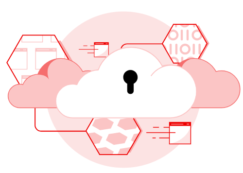 illustration of cloud security, with a central cloud and keyhole connected to platform icons