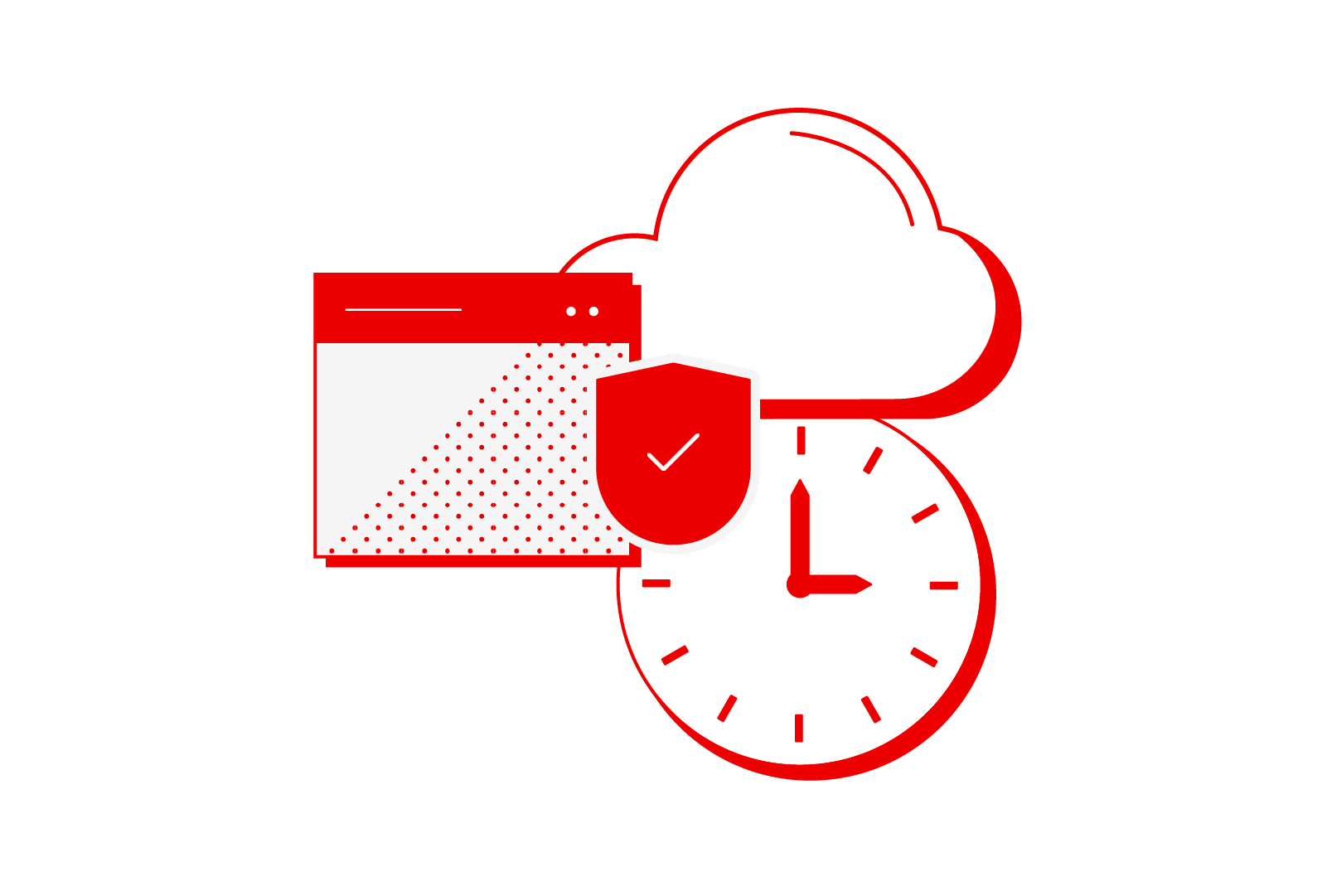 Illustration of a calendar, clock, and cloud in front of a security badge
