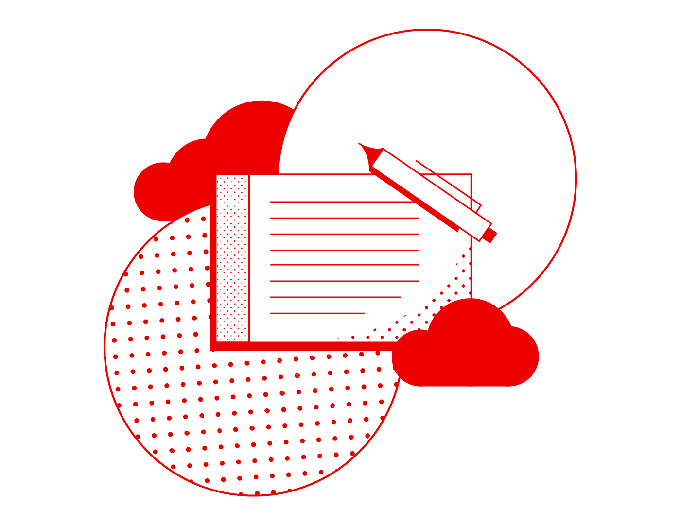 Graphic of a notepad and pencil surrounded by abstract circles and cloud shapes
