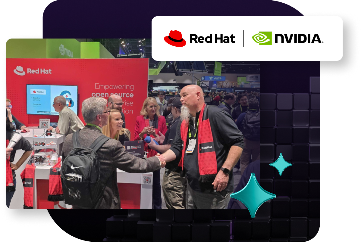 Two men shaking hands at a busy Red Hat conference booth, with Red Hat and NVIDIA logos
