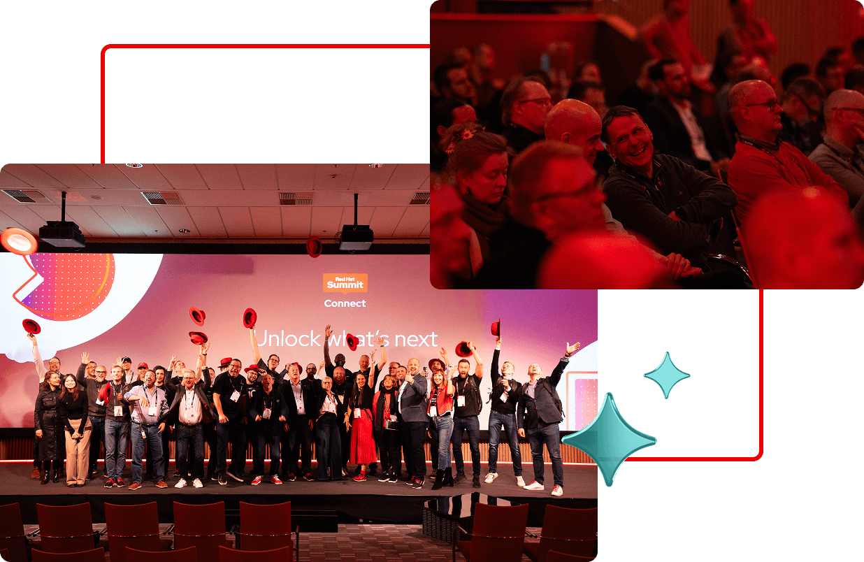Collage of a Red Hat events in Nordics showing a team celebrating on stage and an engaged audience