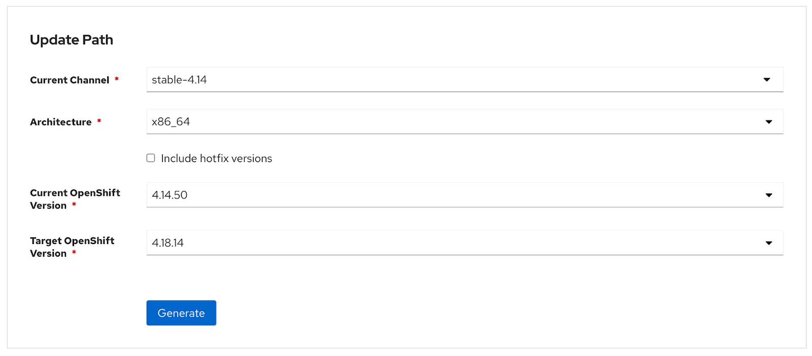 Red Hat OpenShift Container Platform Update Graph tool, update path selection page