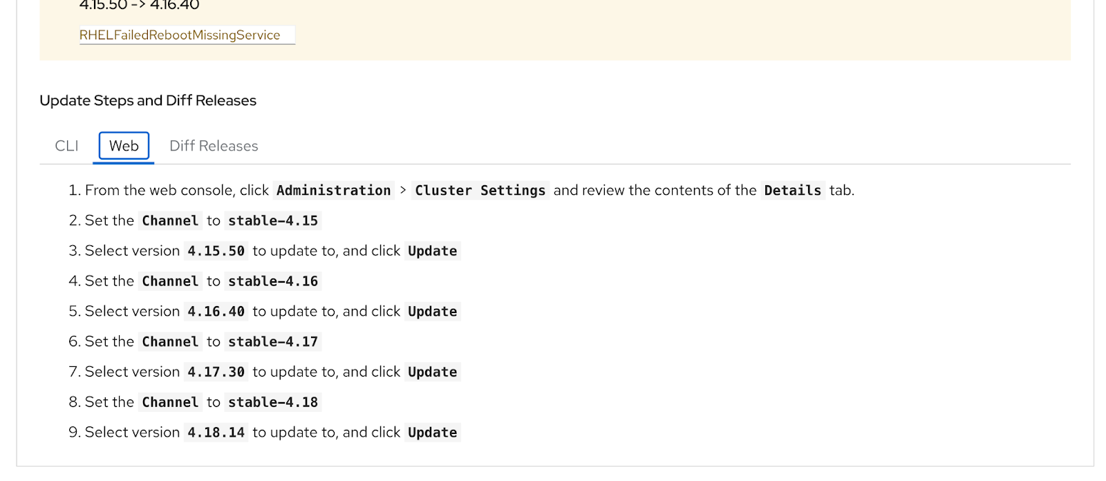 Web console instructions for the update path