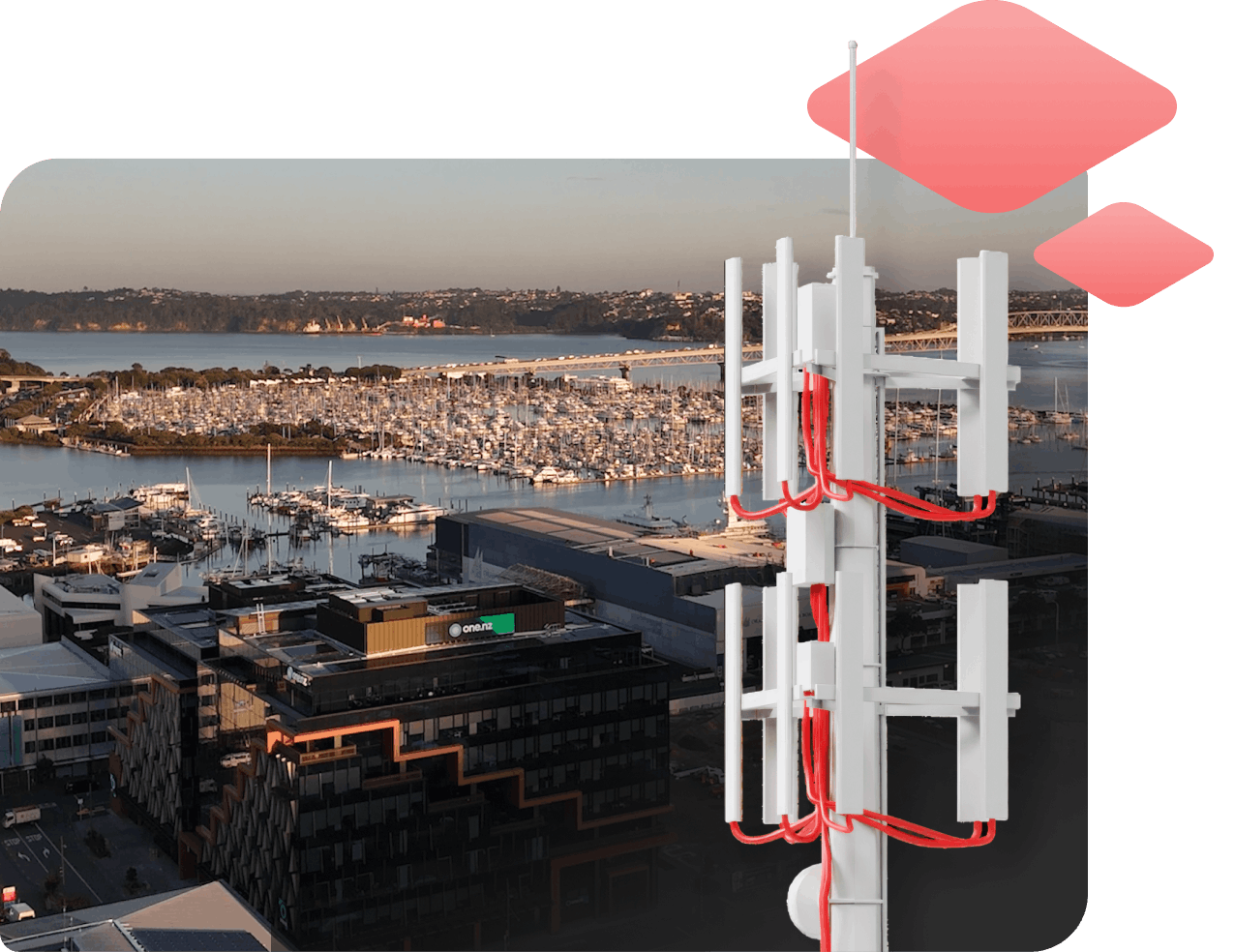 A telecommunications tower with red cables overlaid on a cityscape of One New Zealand headquarters