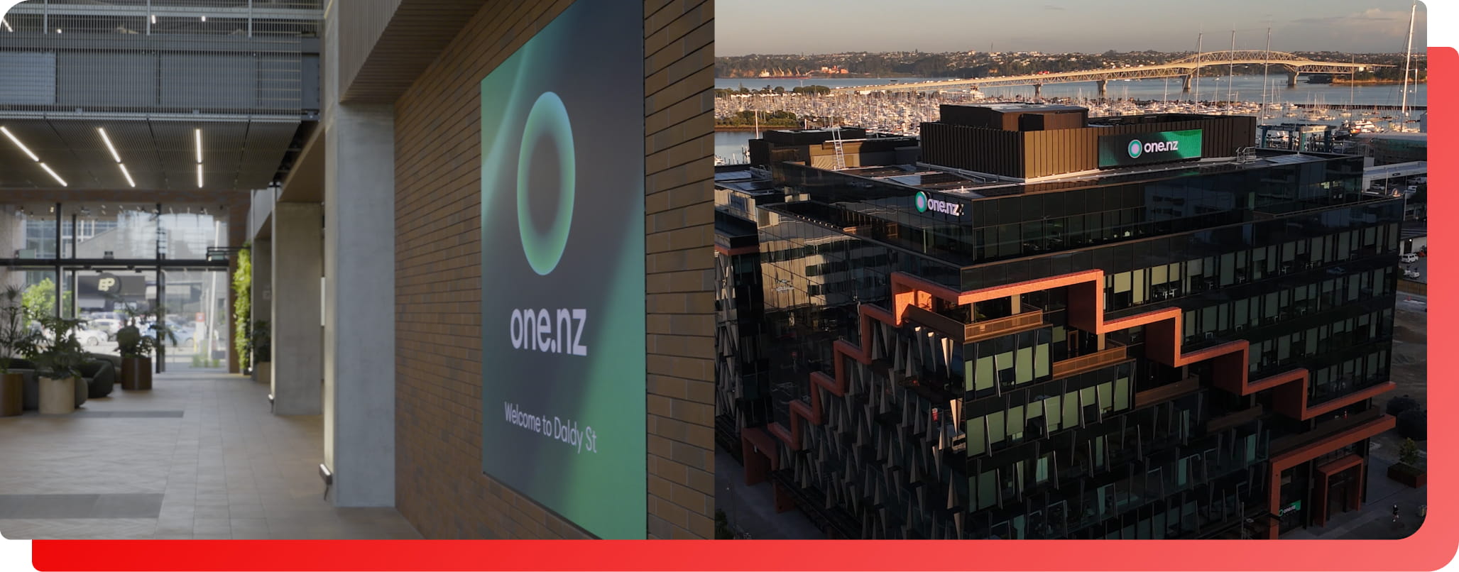 A modern office building's interior with the One New Zealand logo on the wall, and its illuminated exterior at dusk