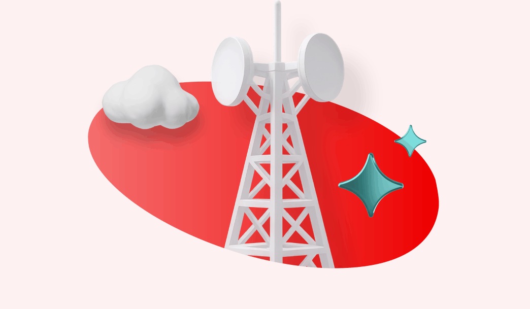 A stylized white telecommunications tower with a cloud and sparkles