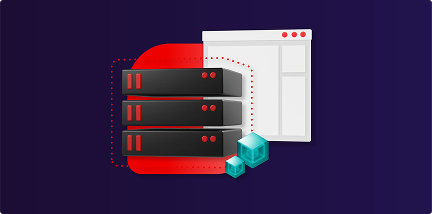 A stack of servers connects to an application window, with teal containers in the foreground