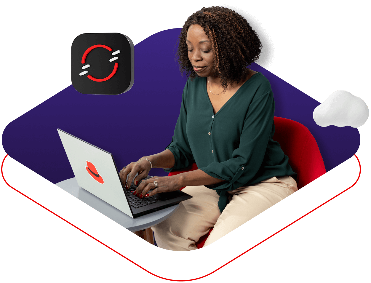 一位女士坐在椅子上操作笔记本电脑的图片