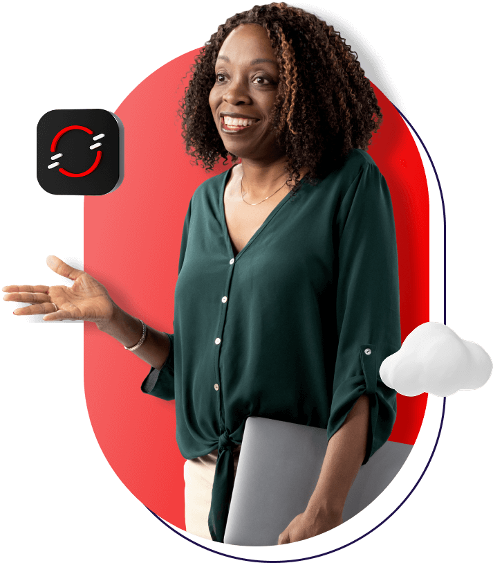 Illustration de type collage d'une femme portant un ordinateur portable, debout à côté d'une icône OpenShift flottant au-dessus de sa main