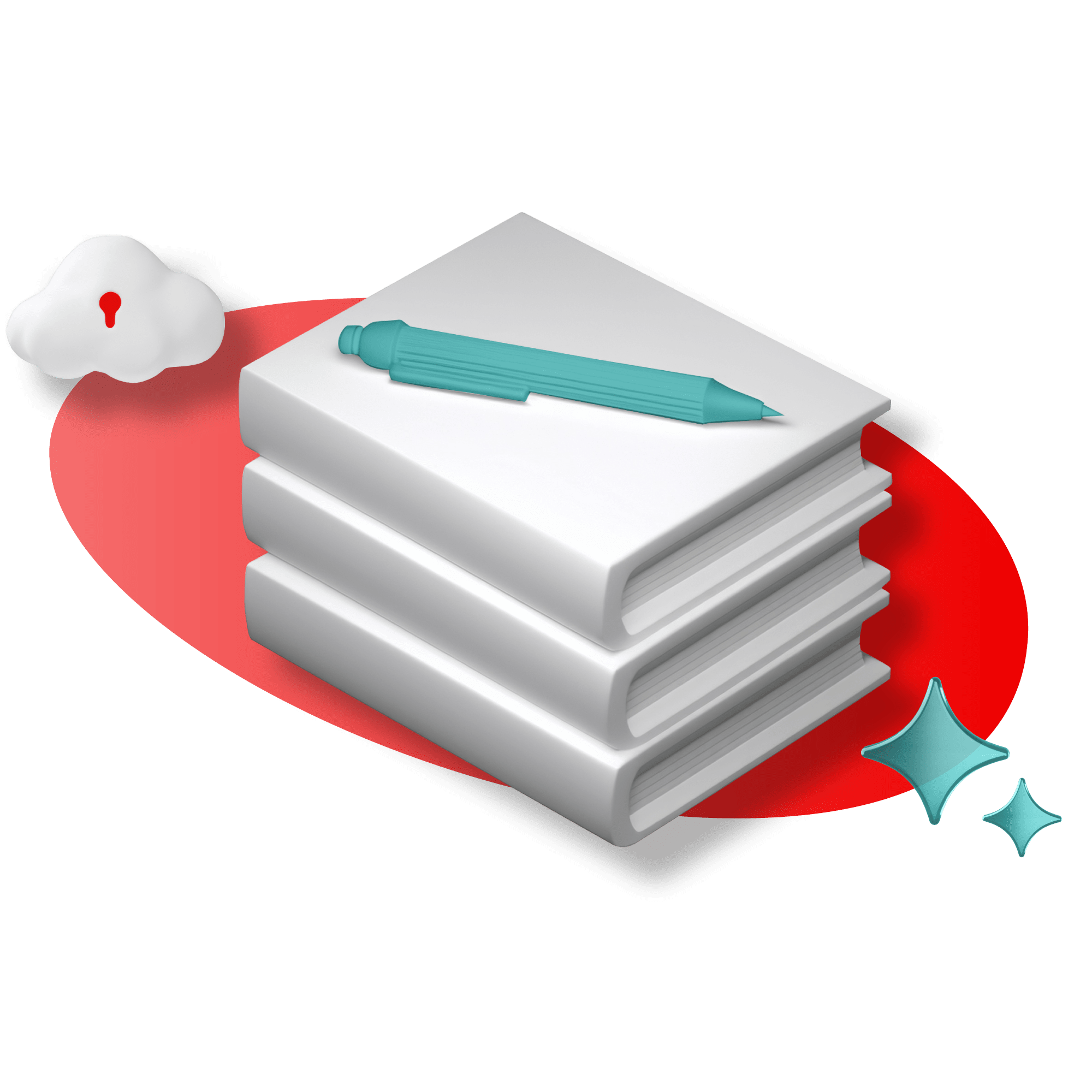 Graphic of books and a pen, symbolizing knowledge, next to a secure cloud and AI icons