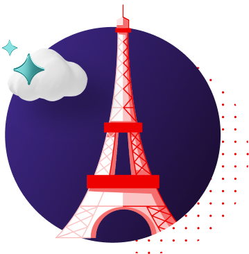 Illustration of Eiffelt tower on a purple background with a cloud and sparkle