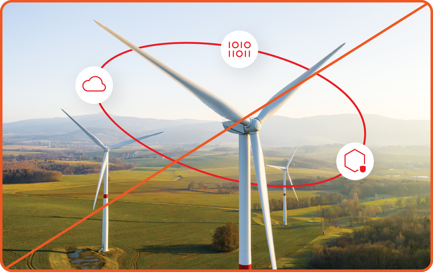 Image showing misuse: Full bleed stock image of a wind turbine with icons floating on top of the image.
