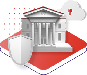 A shield and a secure cloud with a keyhole protect a public building on a red platform
