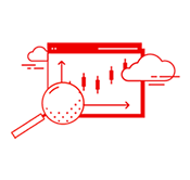 A magnifying glass over an analytics panel with clouds, representing Red Hat Insights
