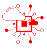 Red Internet of Things icon with a cloud connected to a processor and a network of devices