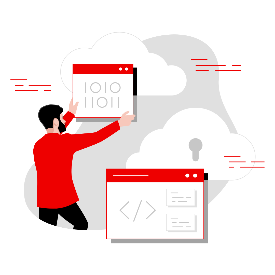 Illustration showing man with beard hold up application with clouds with keyholes in background
