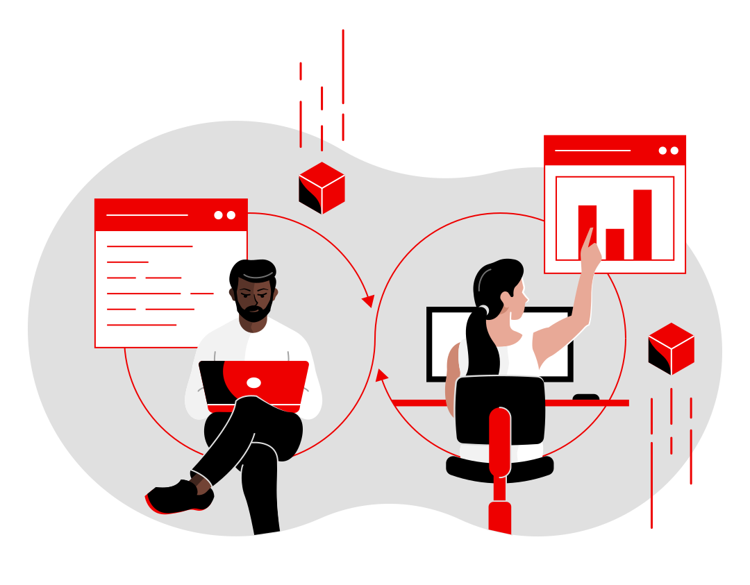 DevOps illustration of a developer and operations person in a continuous feedback loop
