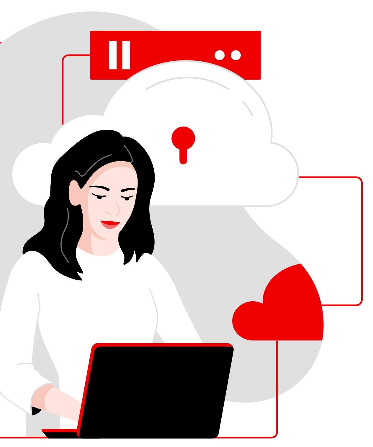 Female working on laptop with cloud and server hardware representing hybrid cloud