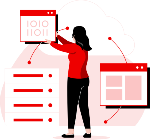 A standing woman connects different digital interfaces, representing the API concept