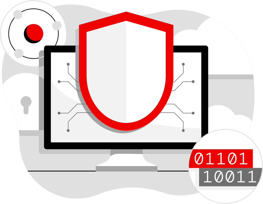 n illustration of a red security shield in front of a computer, with surrounding digital icons and binary code